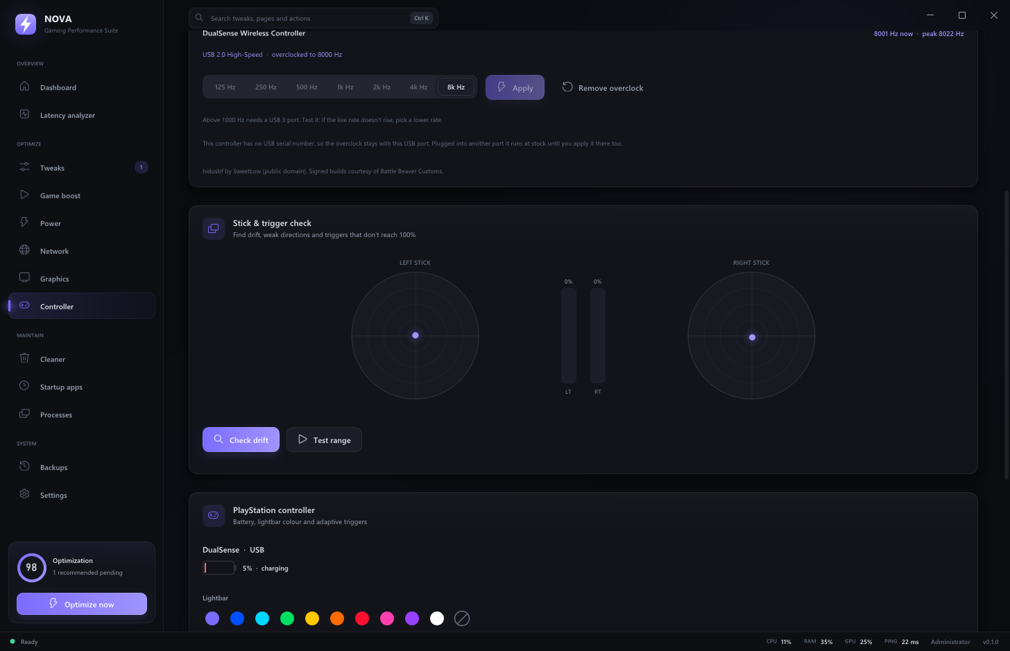 NOVA's controller page showing a DualSense overclocked to 8000 Hz
