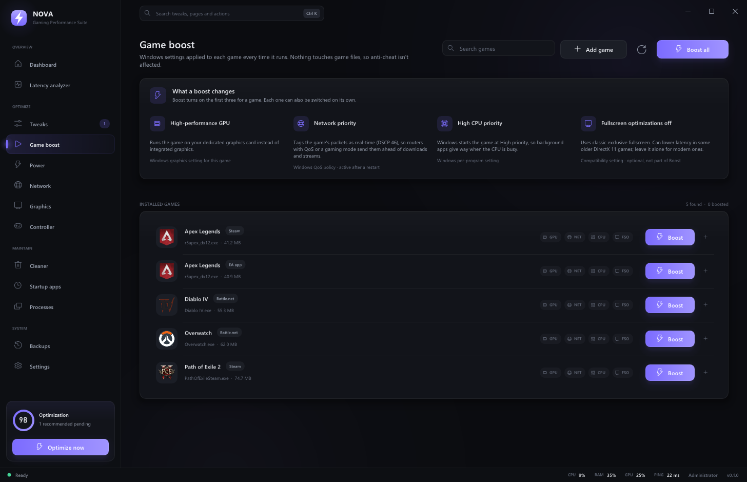 NOVA's Game Boost page listing installed games