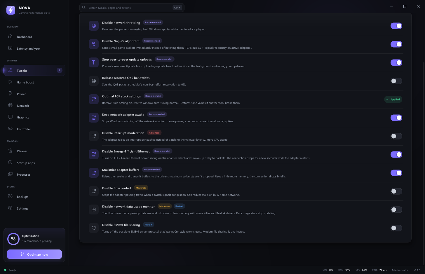 NOVA's tweaks page